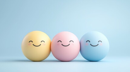 Smiling pastel-colored spheres with faces on a blue background. happiness and positivity concept