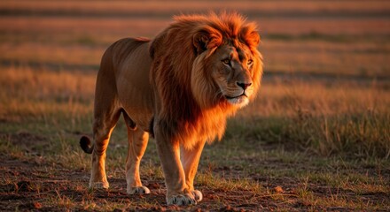 Majestic lion walking through golden grassland at sunset in the wild