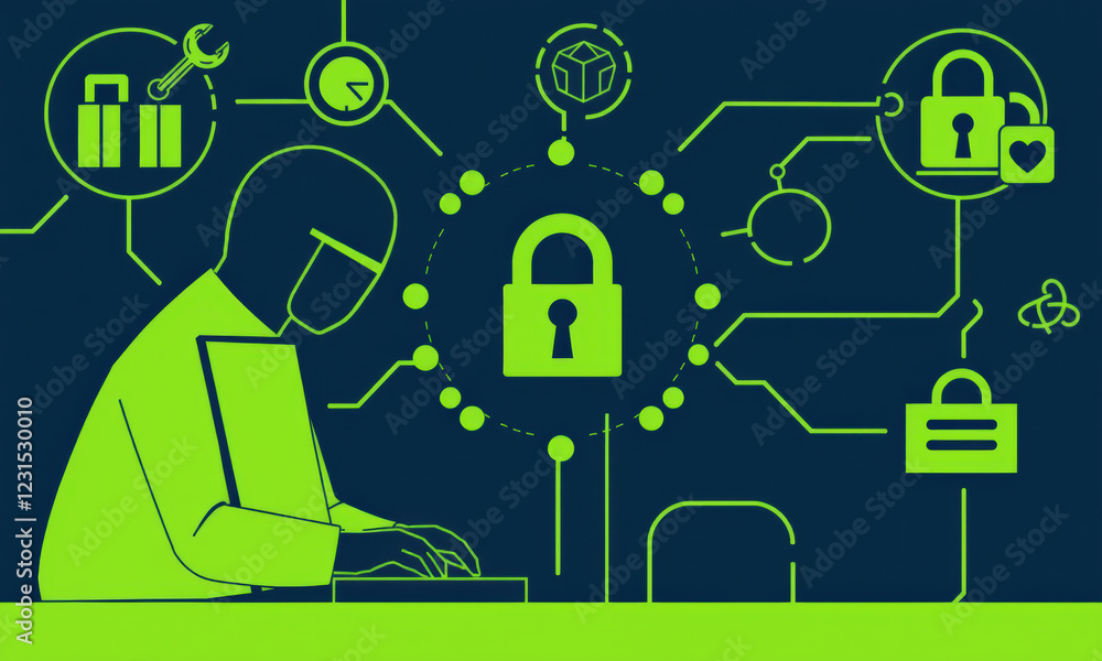 Poster person working on computer with cybersecurity icons and padlock symbol, representing cyber hygiene a