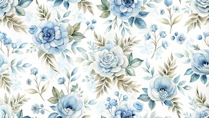 Obraz premium Elegant Watercolor Floral Pattern with Delicate Blue Roses and Greenery