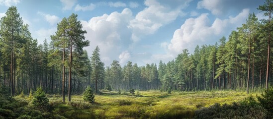 Lush green pine forest panorama under a blue sky with fluffy clouds showcasing dense coniferous trees and tranquil meadow in the foreground