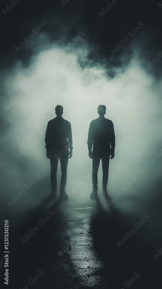 Poster two men walking in a foggy environment on a quiet path surrounded by trees and nature