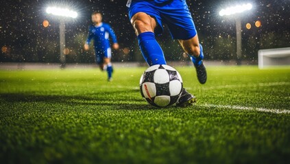 A soccer player in blue shorts, wearing black shoes and white socks, with his right foot on the ball.
