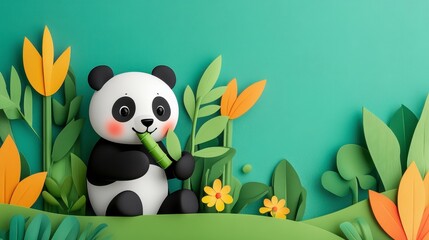 Fototapeta premium Cute Panda Character Surrounded by Colorful Paper Flowers and Leaves