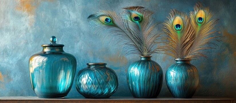 Elegant turquoise vases adorned with vibrant peacock feathers against a textured blue wall showcasing a bohemian atmosphere and artistic flair