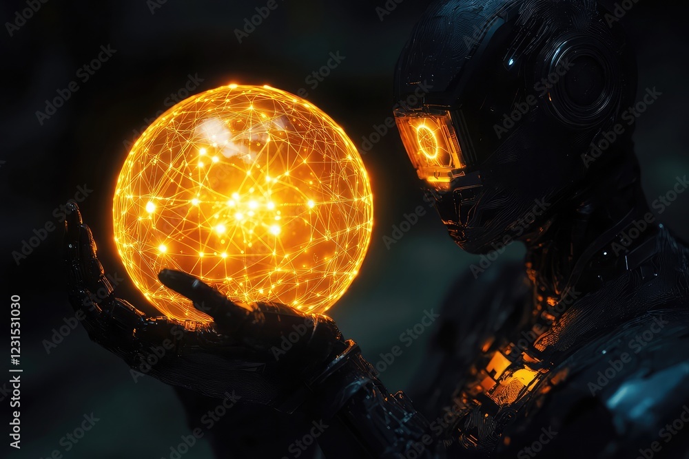 Poster artificial intelligence robot holding a glowing orb with neural network patterns