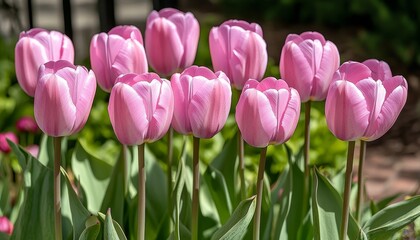 Fototapeta premium Pink Tulips in Bloom Vibrant Bouquet of Spring Flowers on Sunny Day with Shallow Depth of Field