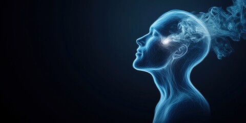 Blue wireframe silhouette of a human head with smoke emitting from the brain area on a dark background. neuroscience, mental health, innovation