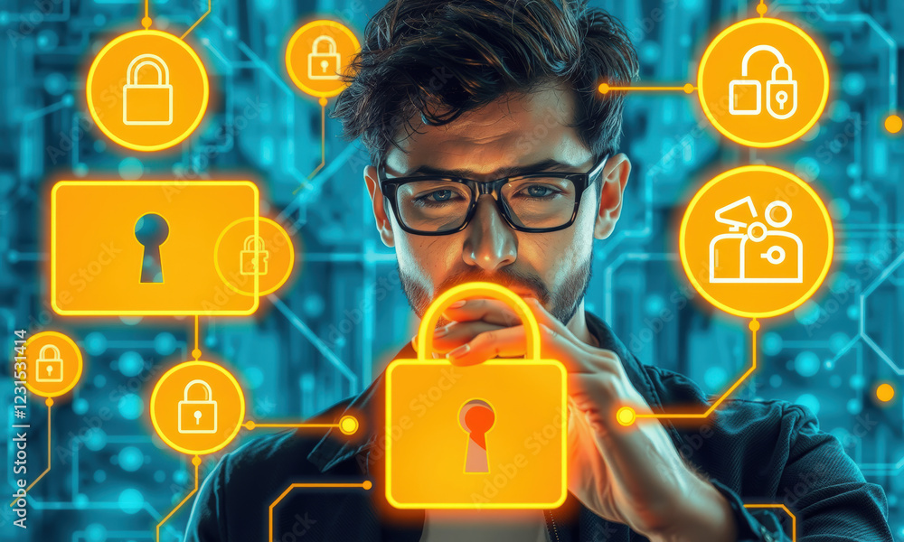 Poster man with glasses contemplating cybersecurity, surrounded by digital lock icons and data symbols, rep