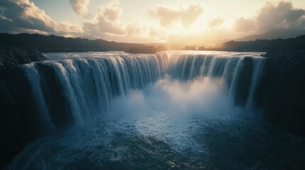 Fototapeta premium Majestic waterfall sunset, lush landscape background, nature photography, travel