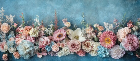 Pastel floral arrangement with roses, peonies, and daisies in shades of pink and blue against a textured light blue background creating a vintage vibe