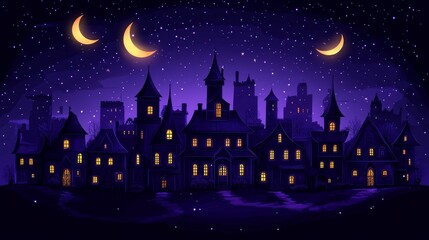 Fototapeta premium Nighttime cityscape with crescent moons and twinkling stars above a dark silhouette of buildings