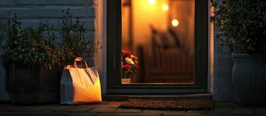 Cozy evening scene featuring a warm-lit doorway with a meal delivery bag positioned on the doorstep surrounded by potted flowers and soft lighting.