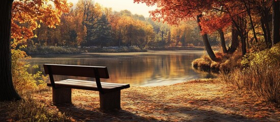 Autumn Lakeside Serenity A peaceful wooden bench under vibrant orange and red foliage reflects in calm waters creating a serene mentoring atmosphere