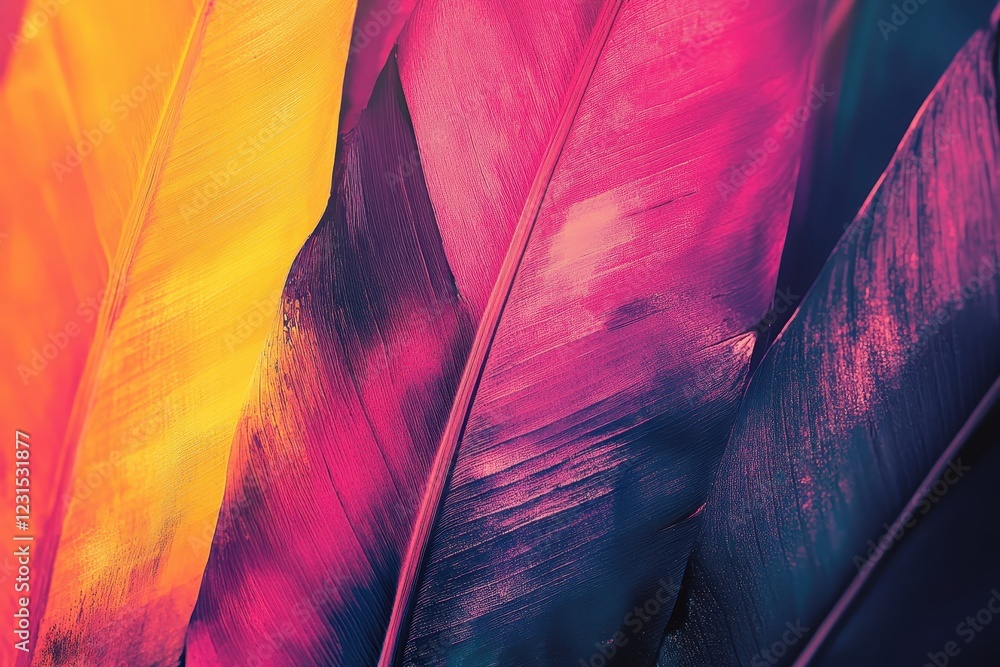 Poster close up view of a vibrant and colorful feather with intricate details and textures on a neutral bac