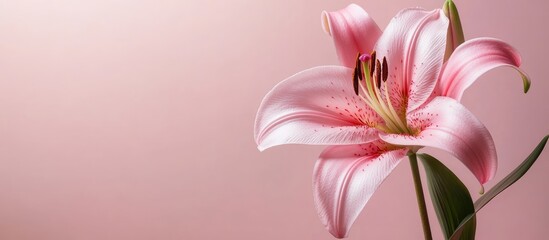 Elegant pink lily flower in the foreground positioned right against a soft pink background showcasing delicate petals and vibrant details.