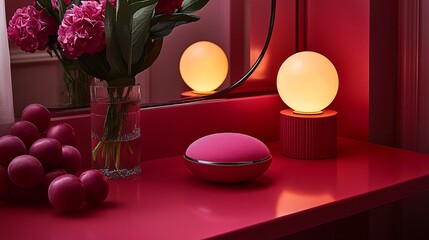 Red vanity table with mirror, flowers, and glowing lights
