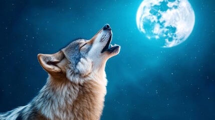 Wolf Howling at Full Moon under Starry Night Sky in Wilderness