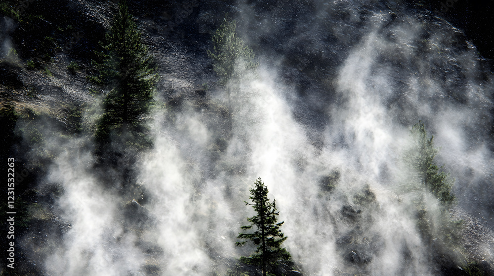 Poster A misty landscape featuring tall trees partially obscured by swirling steam, creating an ethereal and mysterious atmosphere