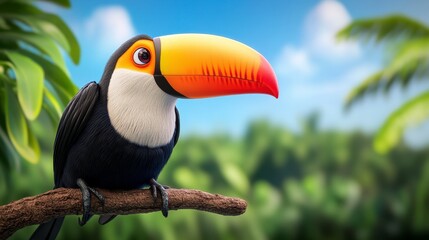 Naklejka premium Colorful Toucan Sitting on a Branch in Tropical Environment