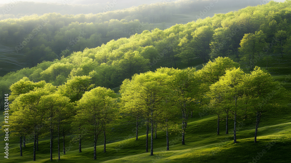 Poster lush green trees blanket rolling hills, bathed in soft sunlight, creating a serene and tranquil land