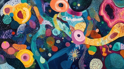 Obraz premium Abstract colorful composition with swirling shapes and cosmic elements.