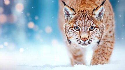 Obraz premium Majestic Lynx Walking Through Snowy Landscape with Soft Bokeh Lights