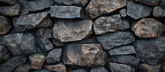 Close up of a textured black stone slate wall displaying irregular shapes and rich tonal variations in dark gray and black hues throughout the surface