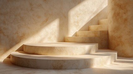 Marble staircase with sunlight casting strong geometric shadows
