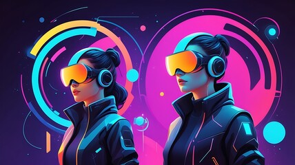 Futuristic metaverse concept, digital avatars in a virtual space, neon color vector