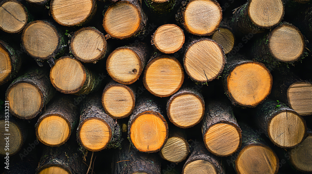 Poster a close-up view of stacked wooden logs, showcasing their circular cross-sections and natural texture