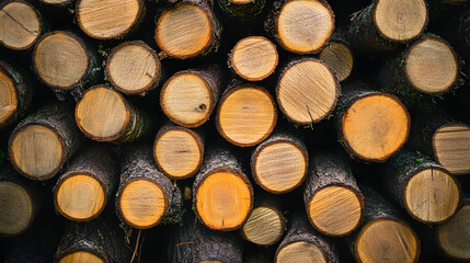 A close-up view of stacked wooden logs, showcasing their circular cross-sections and natural textures