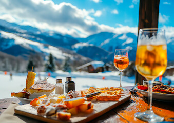 snack on an alpine restaurant in the mountains , winter and skiing