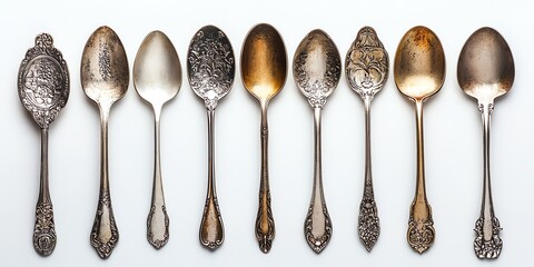 Antique Silver Spoons: A Row of Ornate, Vintage Flatware