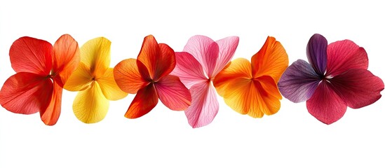 Fototapeta premium Vibrant multicolored flower petals in shades of red, orange, pink, yellow, and purple arranged symmetrically against a clean white background.