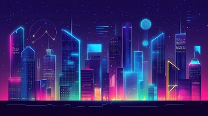Naklejka premium Neon Cityscape at Night Vibrant Towers Illuminated