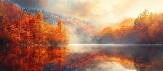 Naklejka premium Vibrant autumn landscape with orange and yellow trees reflecting on calm lake, misty mountains in background, warm golden hues creating serene atmosphere.