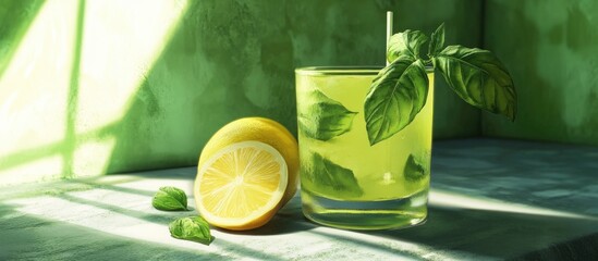 Refreshing basil lemonade in a cocktail glass garnished with fresh basil leaves, vibrant green tones complemented by yellow lemon slices on a textured surface.