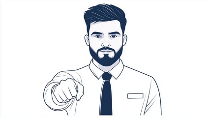Obraz premium Line art illustration of a man pointing forward in a shirt and tie on a plain white background. leadership and responsibility concepts