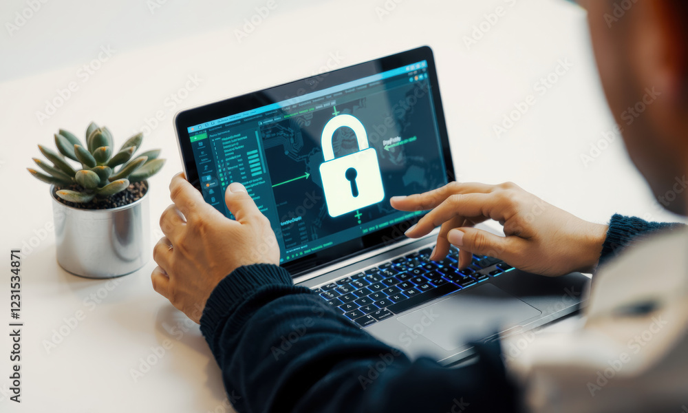 Poster person using laptop with lock symbol on screen, emphasizing cybersecurity and data protection. scene