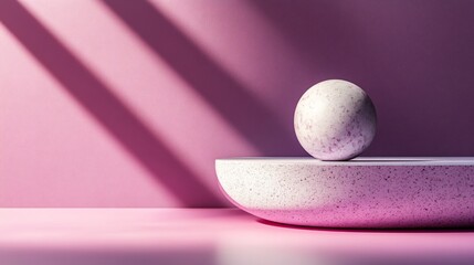 Pink stone balance sculpture in dramatic sunlight with shadows
