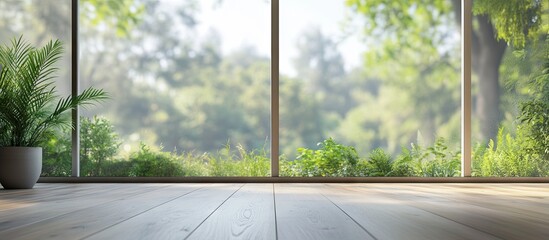Naklejka premium Modern interior with wooden floor and potted plant in foreground, large glass windows showcasing a lush green garden outside, soft natural light.