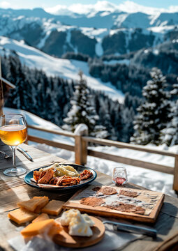 snack on an alpine restaurant in the mountains , winter and skiing