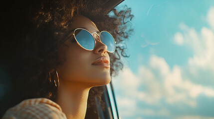 A person with curly hair gazing out of a car window during golden hour. Capturing a travel moment, journey, peaceful reflection, and serene outdoor experience