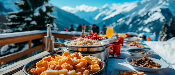 snack on an alpine restaurant in the mountains , winter and skiing