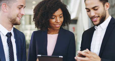 Business people, tablet and phone for discussion, training and schedule info with workshop...