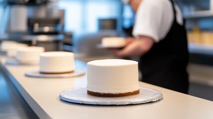 Baker preparing frosted cake in a modern kitchen with blurred background activity and tools