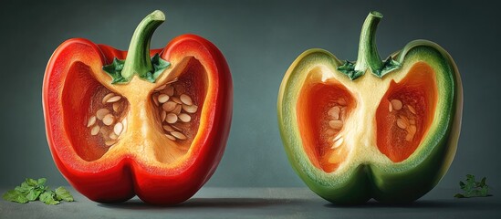 Naklejka premium Vibrant red and green bell peppers sliced in half showcasing seeds and inner pulp with rich textures against a muted blue background