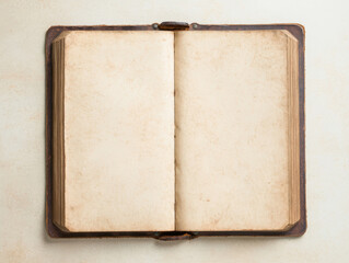 Open antique book with blank pages. Aged leather cover and yellowed paper. Perfect for storytelling, memories, or vintage designs.
