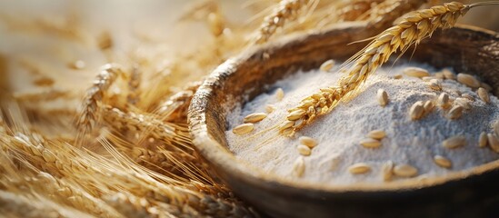 Bowl of white flour topped with fresh wheat grains and golden ears of wheat set against a soft blurred background highlighting natural textures.